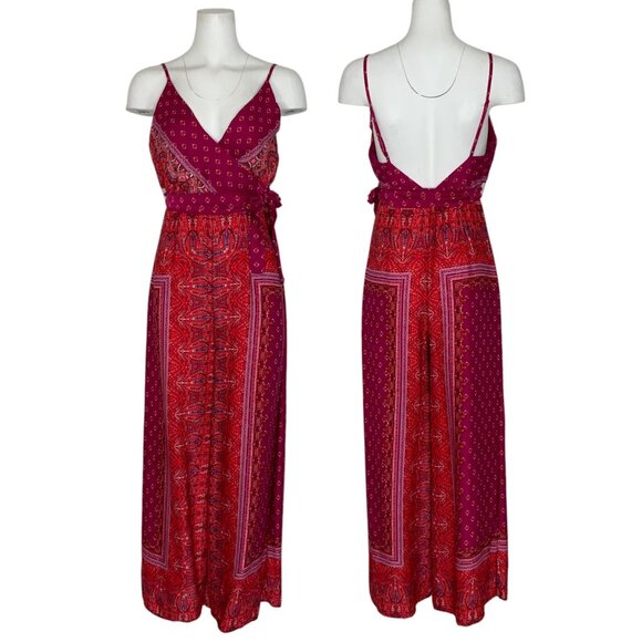 Free People Cabbage Rose Jumpsuit 4 Pink V-Neck Sleeveless Wide Leg Tie Waist - Picture 1 of 14